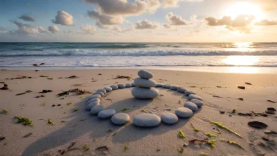 一张黄昏时分宁静海滩的宽幅摄影。前景是沙滩上三块平滑且平衡堆叠的灰色石头，周围环绕着一圈小石子。背景是柔和的天空下拍打岸边的海浪。