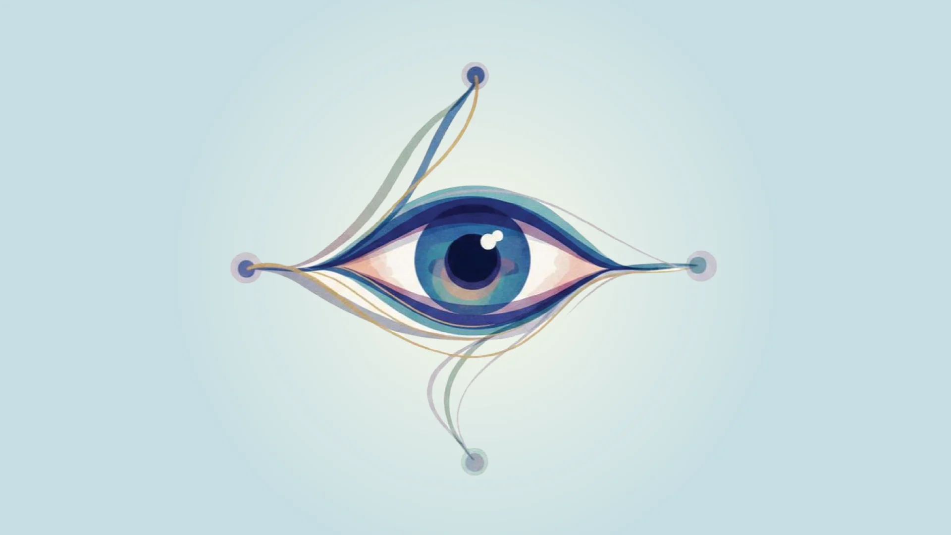 A stylized, artistic illustration of a human eye centered on a light background. Flowing, colorful lines emerge from the corners and center of the eye, connecting to small circular nodes