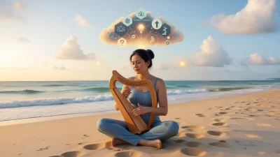 A digital painting of a woman sitting cross-legged on a beach at sunset, playing a golden lyre. Above her head, a glowing lightbulb resides within a cloud of symbols representing lotus flowers, gear-work, and growth, all bathed in warm orange and red light from the setting sun.