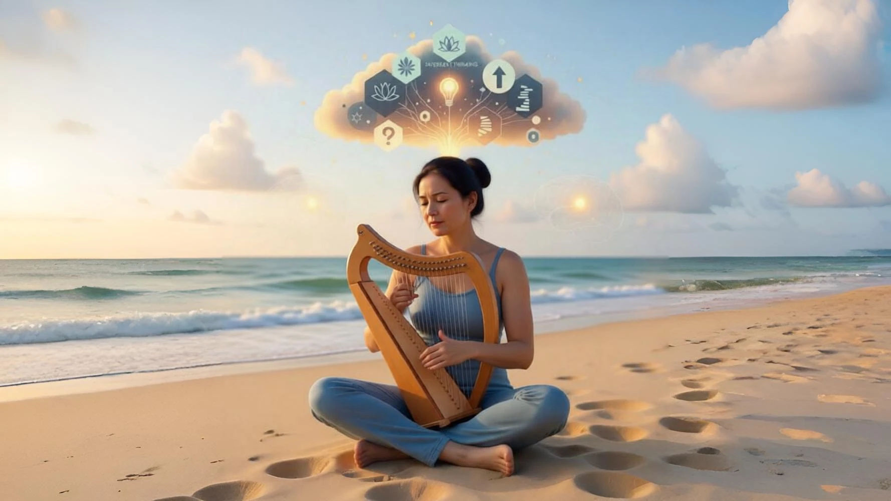 A digital painting of a woman sitting cross-legged on a beach at sunset, playing a golden lyre. Above her head, a glowing lightbulb resides within a cloud of symbols representing lotus flowers, gear-work, and growth, all bathed in warm orange and red light from the setting sun.