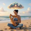 A digital painting of a woman sitting cross-legged on a beach at sunset, playing a golden lyre. Above her head, a glowing lightbulb resides within a cloud of symbols representing lotus flowers, gear-work, and growth, all bathed in warm orange and red light from the setting sun.
