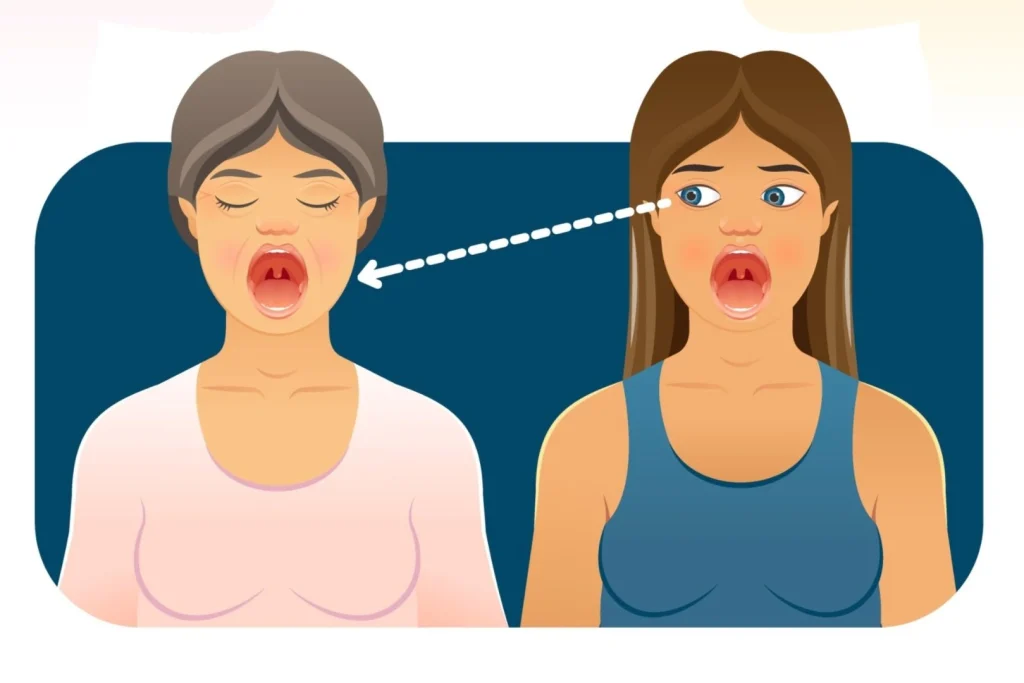 Cartoon image of a woman looking at an other woman sticking out her tongue figuring mirror neurons