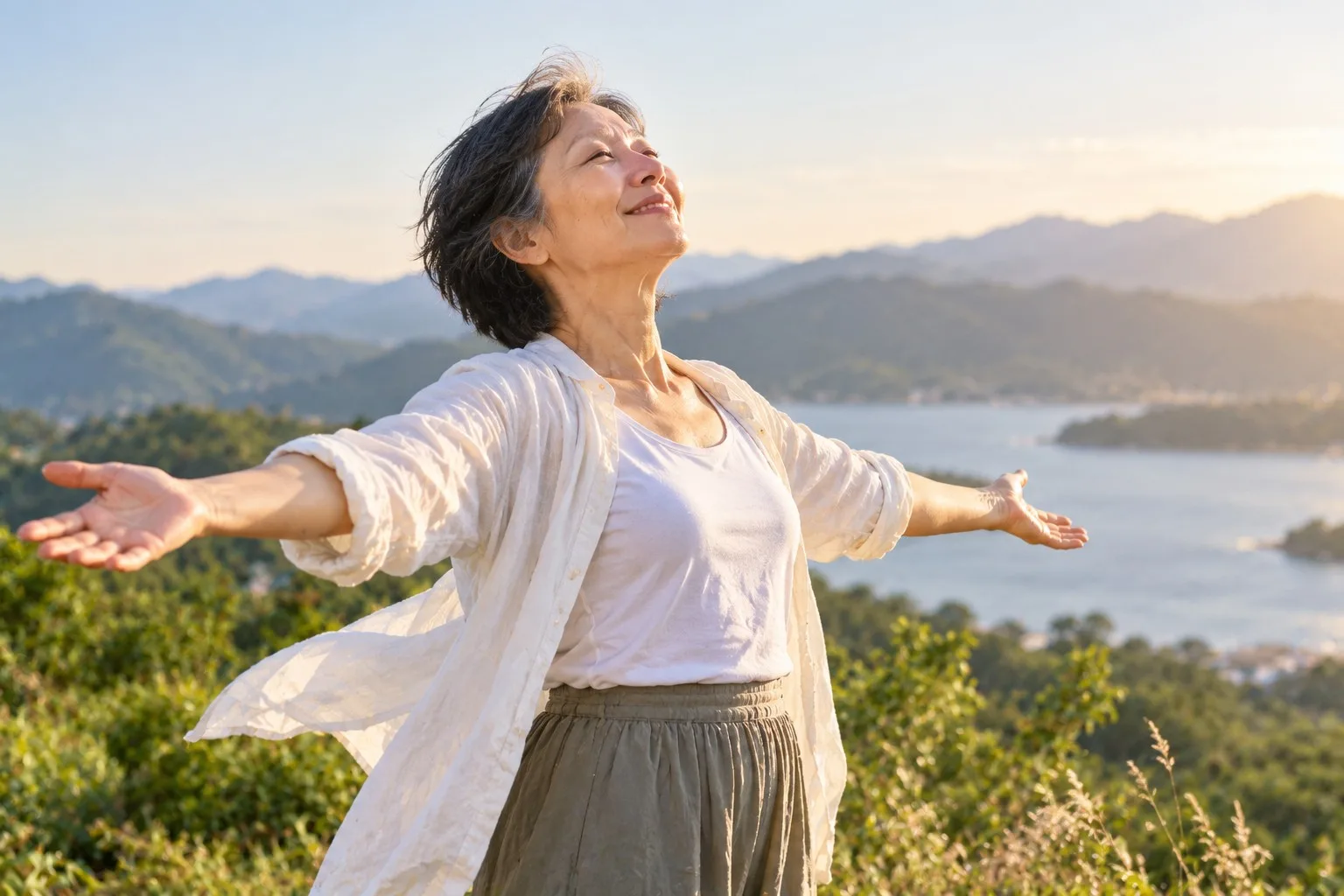 A woman stands with her arms open in a sunlit landscape, expressing ease and possibility.