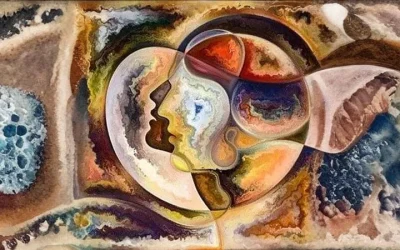 An abstract cubist-style painting featuring nested profiles of human faces blending into one another, filled with swirling textures of ochre, teal, and deep red to represent the merging of complex emotions into a unified self.