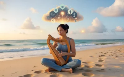 A digital painting of a woman sitting cross-legged on a beach at sunset, playing a golden lyre. Above her head, a glowing lightbulb resides within a cloud of symbols representing lotus flowers, gear-work, and growth, all bathed in warm orange and red light from the setting sun.